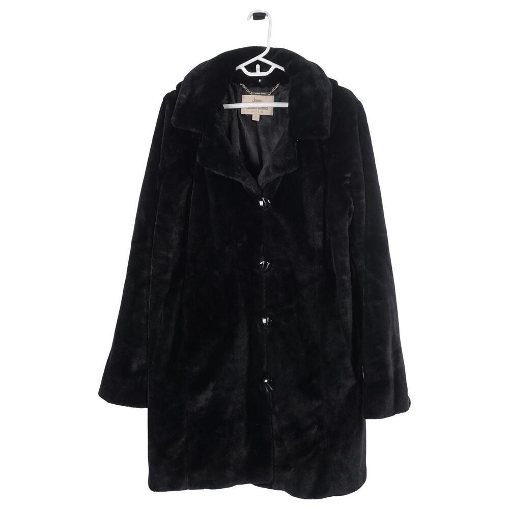 Dennis Basso Jacket XL Black Soft Faux Fur Removable Hood Button Up Coat
